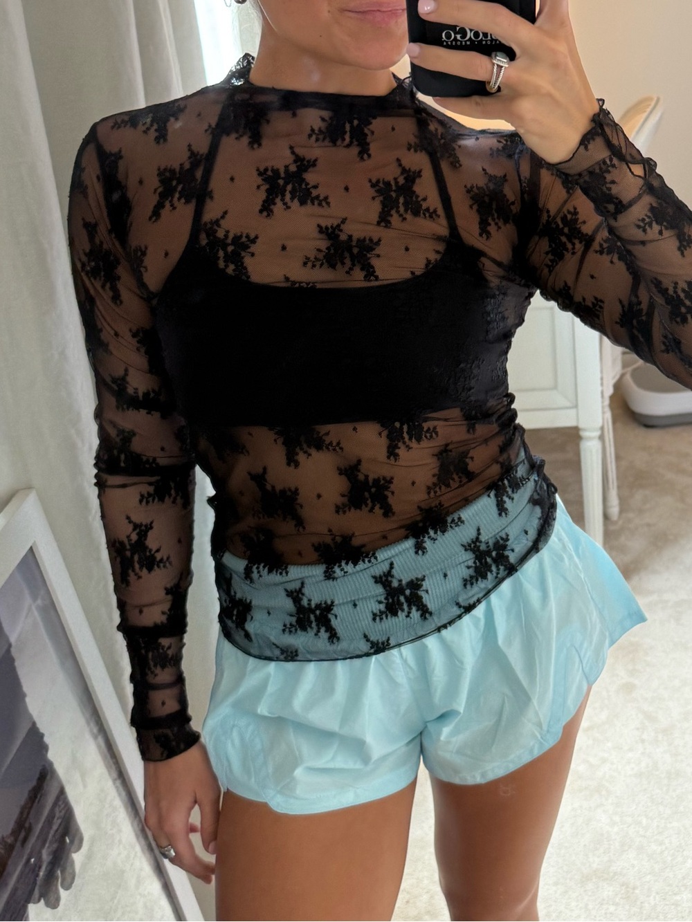 Free People Black Sheer Floral Lace Long-Sleeve Top